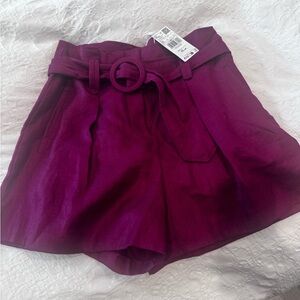 Mango High Waist Magenta Shorts with Belt 100% linen NWT
